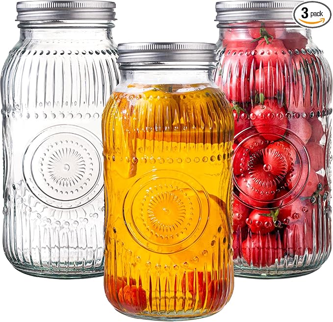 Amzcku 64oz vintage Mason Jars with Lids, Wide Mouth 2 Quart Canning Jar Half Gallon, Safe For Storage, Canning, Pickling, Preserving, Fermenting, DIY Crafts & Decor 3 Pack