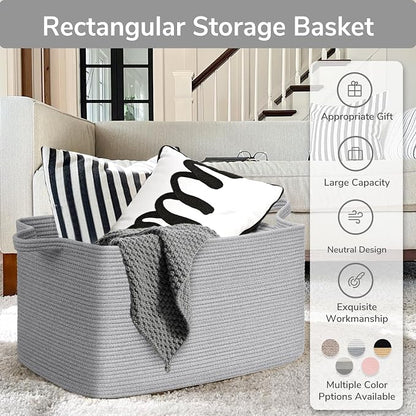 Goodpick 85L Large Woven Basket 23.6" x 15.7" x 13.8" Cotton Rope Storage Baskets for Organizing, Decorative Blanket Basket for Living Room Bedroom, Toy Baskets Storage Kids, Gray