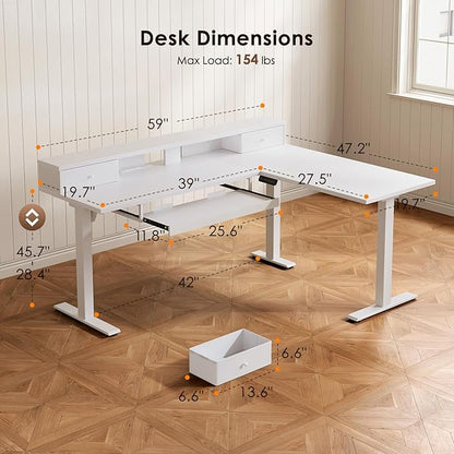 OffiGo 59 Inch L Shaped Electric Standing Desk with Drawers, Height Adjustable Corner Computer Desk with Keyboard Tray & Monitor Stand, Stand Up Table for Home Office Workstation, White