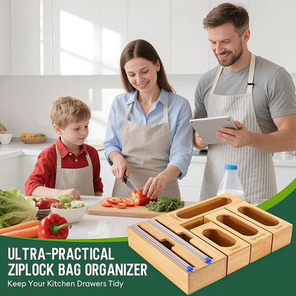 Individual Storage Bag Organizer for Kitchen Drawer, Bamboo with Foil and Plastic Wrap Organizer for Kitchen Organizers and Storage, for Gallon, Quart, Sandwich, Snack