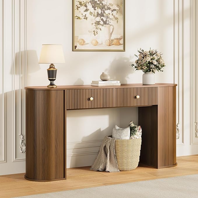 59" Fluted Console Table with 2 Drawers - Wood Entryway Table with Storage, Mid Century Modern Long Sofa Tables Behind Couch with Curved Legs for Living Room, Entry, Hallway, Foyer, Walnut