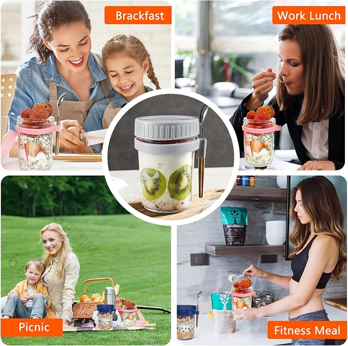Overnight Oats Containers with lids and spoon Set of 2 Jars 12oz Airtight Container with Measurement Marks, Reusable On The Go Cups for Cereal Yogurt, Milk, Salads, Fruit(White)