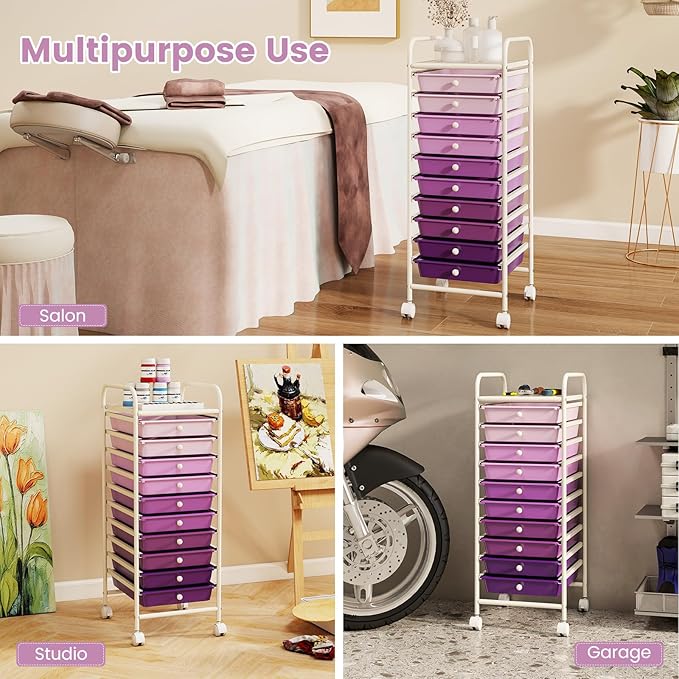 RELAX4LIFE 10 Drawer Rolling Cart - Slim Storage Cart w/Lockable Wheels for Classroom School Teacher Office, Art Supplies Paper Scrapbook Craft Organizers, Utility Cart with Drawers (Gradient Purple)