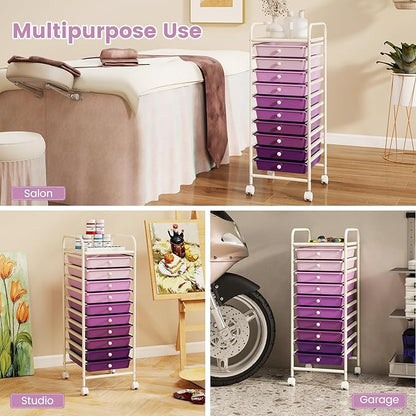 RELAX4LIFE 10 Drawer Rolling Cart - Slim Storage Cart w/Lockable Wheels for Classroom School Teacher Office, Art Supplies Paper Scrapbook Craft Organizers, Utility Cart with Drawers (Gradient Purple)