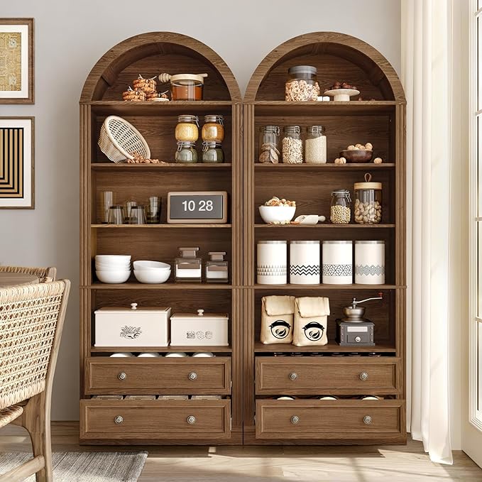Farmhouse Arched Bookshelf Set of 2, 7 Tiers Arch Bookcase with 2 Spacious Drawers, Modern Book Shelf with Open Display Shelves and Storage Cabinet, for Office, Living Room, Kitchen, Walnut