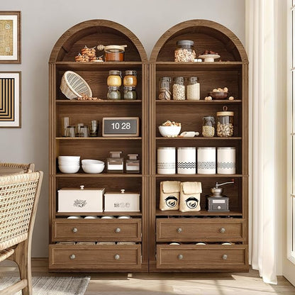 Farmhouse Arched Bookshelf Set of 2, 7 Tiers Arch Bookcase with 2 Spacious Drawers, Modern Book Shelf with Open Display Shelves and Storage Cabinet, for Office, Living Room, Kitchen, Walnut
