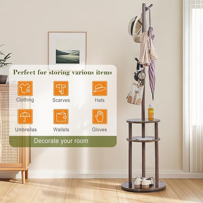 VECELO Coat Rack Freestanding, Entryway Hanger Stand, Umbrella Holder, Hall Tree With Hooks, Floor Standing Tree Stand,Walnut