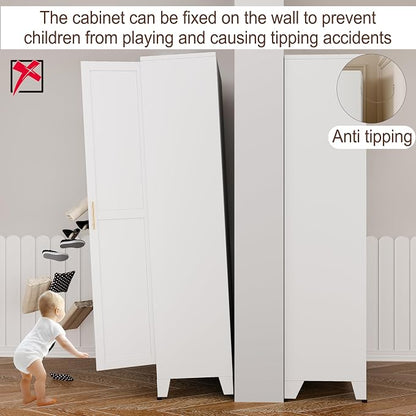 71" Metal Armoire Wardrobe Closet, Steel Clothing Storage Cabinet with Mirror and Adjustable Shelves, Household Steel Wardrobes Storage Cabinet with Adjustable Standing Feet and Hanging Rod（White）