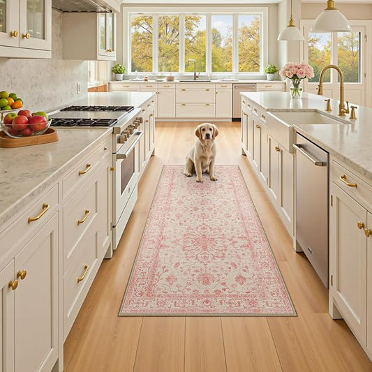 RELEANY Area Rugs Runner 2'x6' Washable Non-Slip, Floral Vintage Distress Medallion Carpet for Kitchen Hallway Bedroom Beside Laundry Room Bathroom, Pink Light Vintage Pink