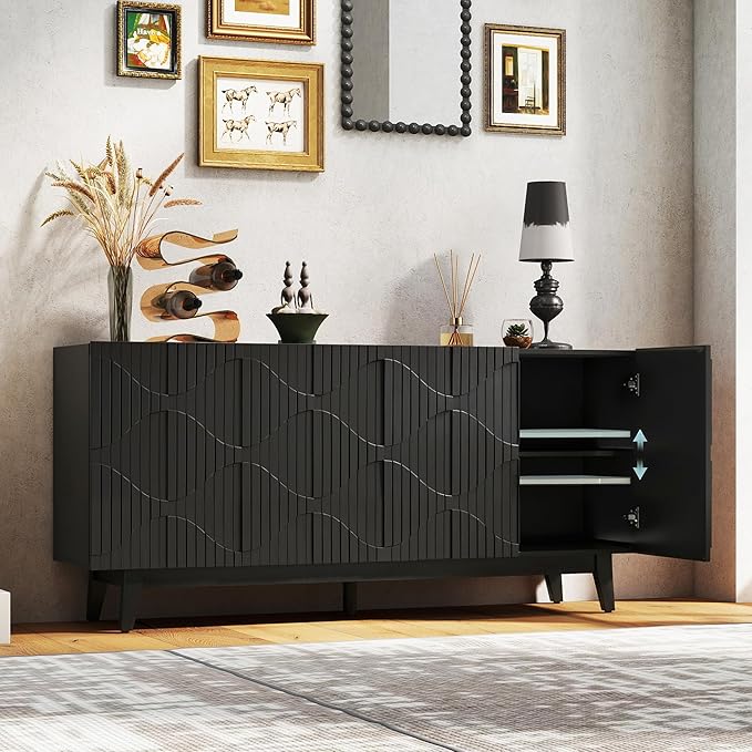 Buffet Cabinet with Storage, Distressed Storage Cabinet with 4 Carved Doors and Adjustable Shelf, Wooden Accent Sideboard Buffet Cabinets for Kitchen, Living Room, Entryway, Black
