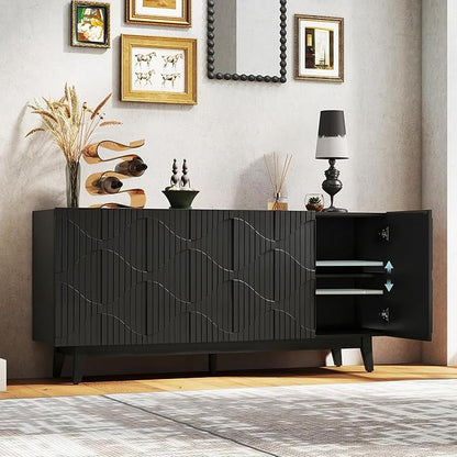 Buffet Cabinet with Storage, Distressed Storage Cabinet with 4 Carved Doors and Adjustable Shelf, Wooden Accent Sideboard Buffet Cabinets for Kitchen, Living Room, Entryway, Black