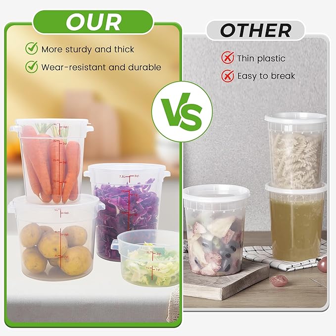 4 Pack Round Food Storage Containers with Lids, 18Qt Translucent Commercial Food Container, Polypropylene, BPA Free, Includes Labels & Measuring Cups