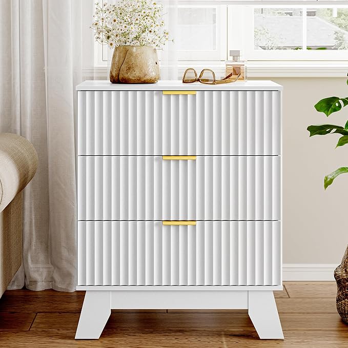 Fluted 3 Drawer Dresser for Bedroom, Mid Century Modern Beside Table with Metal Handle, Wooden Nightstand with 6 Drawers End Table for Living Room, Closet, Entryway, White