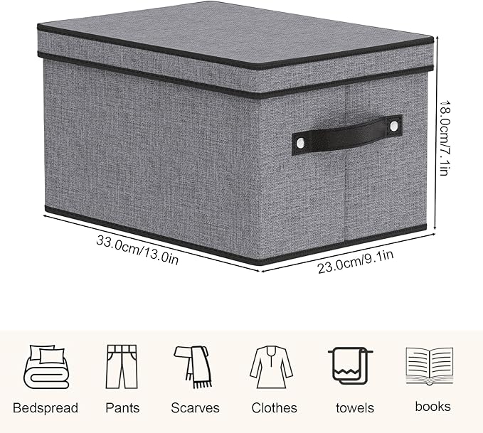 YheenLf Fabric Storage Bin with Lid, 7.1 x 9.1 x 13 Inch Foldable Storage Box for Shelves with Handles, Decorative Linen Closet Organizer, Gray, 1-Pack