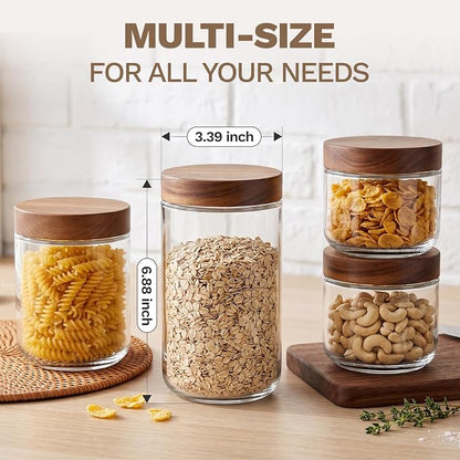 Bumobum 24 oz Glass Jars with Acacia Lids, Glass Food Storage Containers with Airtight Lids, Wide Mouth Mason Salad Jars for Coffee, Sugar, Loose Tea, Spice, Nut, Candy, Cereal, Snacks (4 Pack)