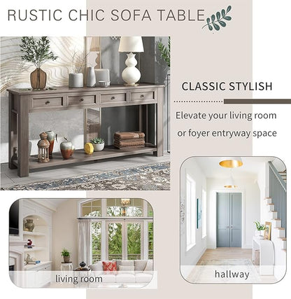 Console Table Hallway Sofa Entryway Side Table 63" Long Furniture with 4 Drawers and Bottom Shelf for Living Room Home Decor (Gray Wash)