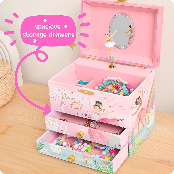 Giggle & Honey Musical Ballerina Jewelry Box for Girls - Kids Music Box with Spinning Ballerina, Ballet Birthday Gifts for Little Girls, Jewelry Boxes, 6.8 x 5.3 x 6 in - Ages 3-10, Pink