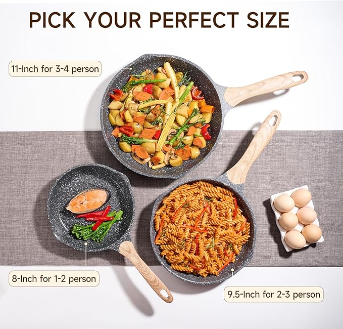 JEETEE 9.5 Inch Nonstick Frying Pan, Stone Coating Cookware, Nonstick Omelette Pan with Heat-Resistant Handle, Compatible with All Stoves (Grey)