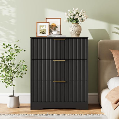 Fluted 3 Drawer Dresser for Bedroom, 30" Tall Modern Wood Dressers Chest of Drawers with Metal Handle, Large Nightstand End Table for Living Room, Closet, Entryway, Black