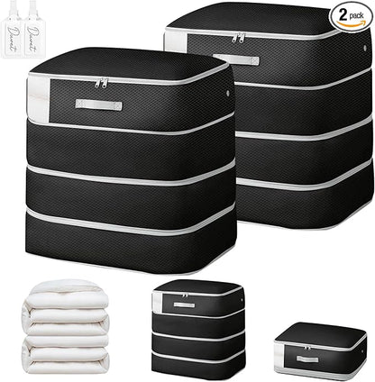 Comforter Storage Bag - 130L Large Capacity Blanket Storage Bags 4-Layer Ultra Space Saving Self Compression Organizer, Washable Compression Bags for Storage Comforter Blanket, 2-Pack, Black