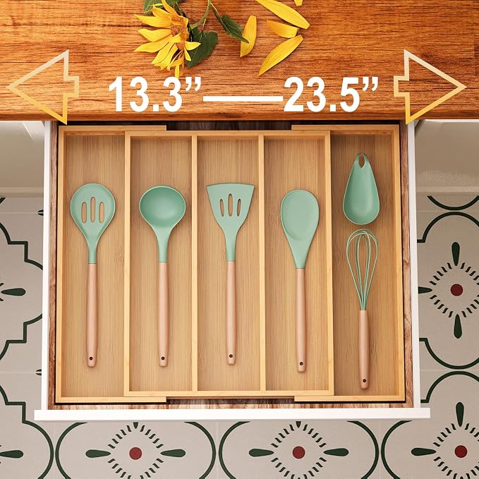 Fibogollo Expandable Kitchen Drawer Organizer,Bamboo Silverware Organizer,Adjustable Flatware Tray for Utensils(16.92 * 13.30~22.83 * 1.96)