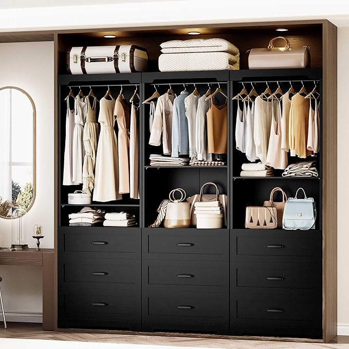 IRONCK Freestanding Closet System with 3 Wood Drawers, Modern Armoire Wardrobe with Adjustable Shelves & Hanging Rod, Walk-in Closet Systems Organizer, Black