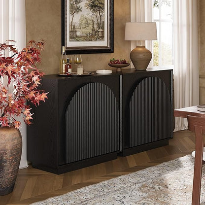 win2win Fluted Sideboard Buffet Cabinet with Storage, 31.5" Modern Accent Cabinet with Double-Layered Arch Doors, Small Wood Console Credenza for Living Room, Dining Room, Entryway, Black, 3PCS