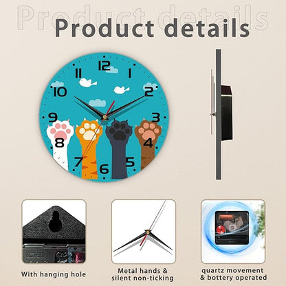 Cute Cat Paw Wall Clock - Vintage Wooden, Silent Non-Ticking, Battery Operated, Arabic Numerals - Decorative for Kitchen, Office, Classroom - 10 Inch