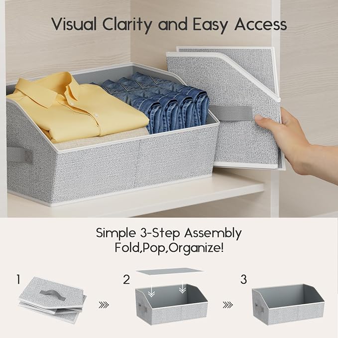 Homsorout Large Closet Organizers and Storage Bins - 10 Pack Trapezoid Storage Baskets for Shelves, Foldable Fabric Baskets with Handles Ideal for Closet, Basket, Wardrobe and Shelf Storage,Light Grey