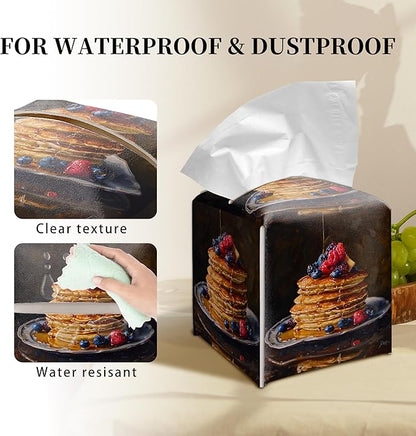 Grace Yonks Cute Pancakes Tissue Box Cover Square, Kitchen Food Cube Case for Facial Tissues, 5.2" PU Leather(068)