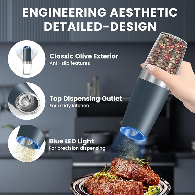 UNNEES Gravity Electric Salt and Pepper Grinder set of 2, Automatic Salt And Pepper Grinder Set, Adjustable Roughness, Battery Powered, LED Light, 2 Pack, (Grey)