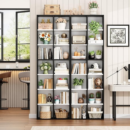 FOTOSOK 2Pcs 71'' Tall Narrow Bookshelf with 14 Cubes, 7 Tier Double Wide Bookshelf with 6 Adjustable Shelves, 19.6" Narrow DVD/CD Media Storage Shelf, Space Saving Display Shelf Cabinet, White/Black