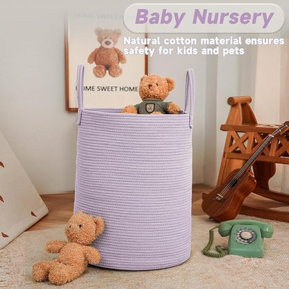 JMvicyroam Large Woven Laundry Basket Hamper,80L Cotton Rope Storage Bin for Blankets,Toys and Clothes,Decorative Tall Nursery Hamper for Living Room,Baby Nursery,Bathroom and Bedroom,Purple