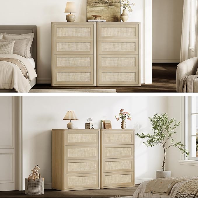 SICOTAS 4 Drawer Dresser for Bedroom-40.59'' Tall Rattan Bedroom Dressers with Oversized Drawers, Boho Wooden Chest of Drawers, Push-to-Open Storage Dresser for Closet, Nursery, Sand Oak, 3PCS