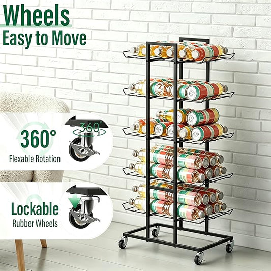 Water Bottle Organizer 5 Tier Water Bottle Holder Freestanding Storage Rack with Wheels Metal Drink Beverage Soda Can Organizer Shelf Stand for Floor Pantry Kitchen Classroom Food Storage, Black
