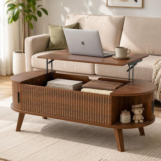 Oval Lift Top Coffee Table with Storage, 47.2" Mid Century Modern Fluted Coffee Table with Sliding Tambour Doors & Hidden Compartment, for Living Room Home Office, Walnut