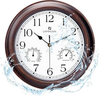 Lafocuse Outdoor Wall Clocks Waterproof with Thermometer for Patio, 12 Inch Hygrometer Wall Clock Silent Battery Operated for Kitchen Bathroom Garage