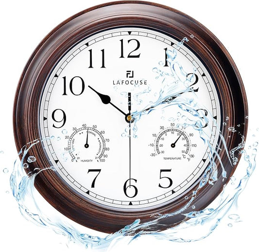 Lafocuse Outdoor Wall Clocks Waterproof with Thermometer for Patio, 12 Inch Hygrometer Wall Clock Silent Battery Operated for Kitchen Bathroom Garage