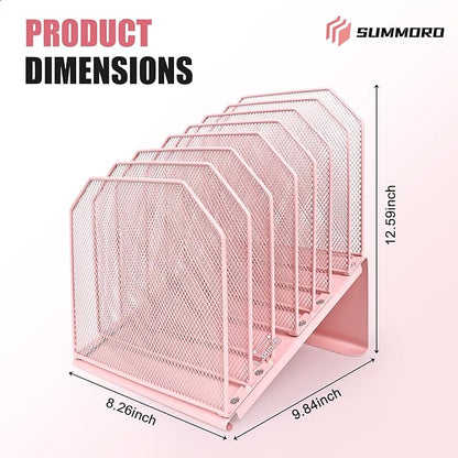 SUMMORO Inclined File Organizer for Desk, 7-Tier Vertical File Folder Holder Office Desk Organizer Metal Rack File Wire Mesh Desktop Document Sorter for Office School Classroom Home (Pink)