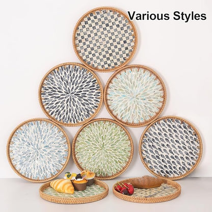 Round Rattan Tray with Mother of Pearl Inlay, Rattan Serving Tray for Coffee, Bread, Fruits, Decorative Wicker Tray for Table Decor, Home Decor, Kitchen Island Decor (Round Green Fish, 11.8")