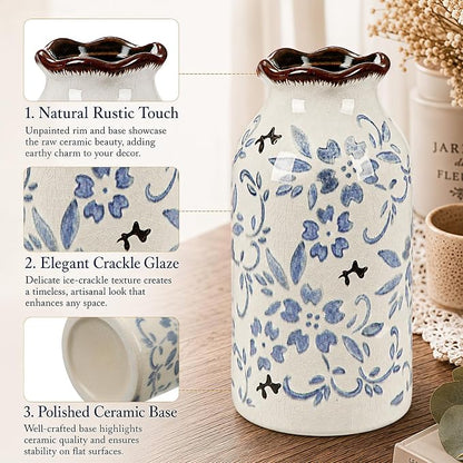 Blue Vase Chinese Ceramic Crackle Floral Vase for Blue and White Porcelain Home Bookshelf Living Room Table Centerpiece Decor