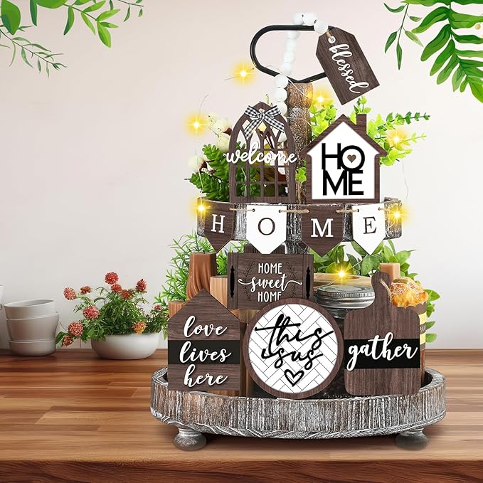 11 Pcs Home Tiered Tray Decor Spring Rustic Farmhouse Tiered Tray Decorations Set Home Wooden Signs Vintage Farm Animal Farmhouse Tabletop Wood Signs for Kitchen Table Shelf Decor