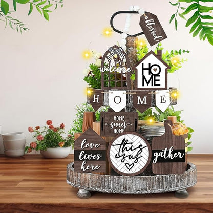 11 Pcs Home Tiered Tray Decor Spring Rustic Farmhouse Tiered Tray Decorations Set Home Wooden Signs Vintage Farm Animal Farmhouse Tabletop Wood Signs for Kitchen Table Shelf Decor