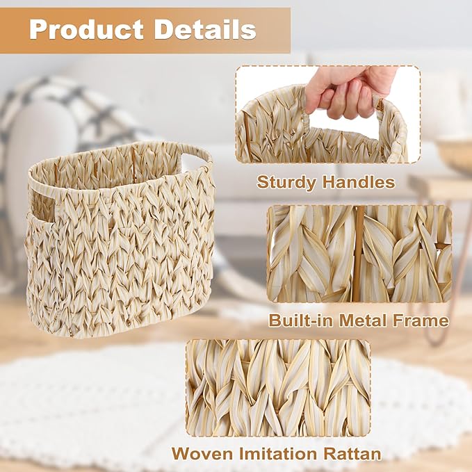 Sumnacon Toilet Paper Storage Basket Freestanding, Wicker Toilet Paper Holder Stand with Handle, Decorative Narrow Bathroom Baskets Sturdy Plastic Organizer Bin for Tissue Rolls, Toiletries, Towels