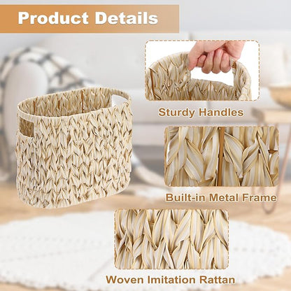 Sumnacon Toilet Paper Storage Basket Freestanding, Wicker Toilet Paper Holder Stand with Handle, Decorative Narrow Bathroom Baskets Sturdy Plastic Organizer Bin for Tissue Rolls, Toiletries, Towels