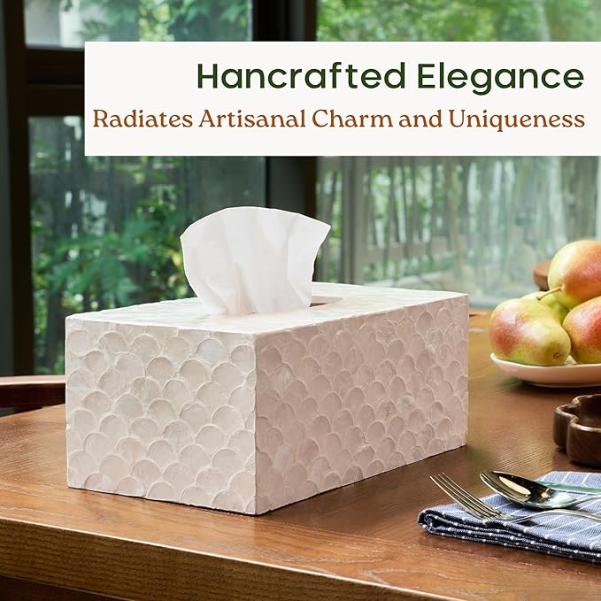 CHI AN HOME Rectangular Capiz Tissue Box Cover, Decorative Mother of Pearl Inlay Tissue Box Holder for Bedroom, Bathroom, Kitchen, and Office, Rectangle Tissue Box Cover White (10.25” x 5.9” x 4.33”)