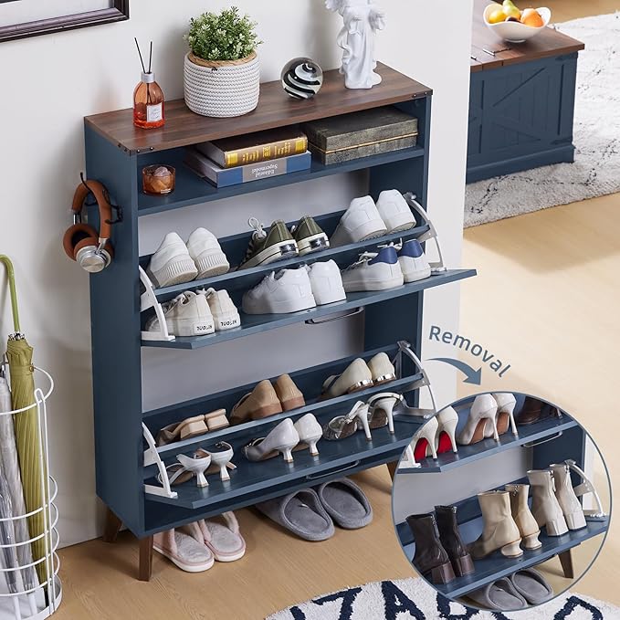 Shoe Storage Cabinet with 2 Flip Drawers, Farmhouse Shoe Organizer for Entryways, Narrow Hidden Rack & Open Storage, Free Standing Closet for Foyers, Hallways, Navy Blue