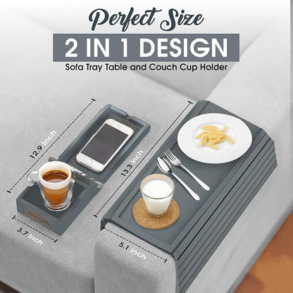 Couch Cup Holder Tray with 2 Cork Coasters, Couch Arm Tray, 2 in 1 Anti-Slip Foldable Sofa Arm Tray, Couch Armrest Table, Anti-Spill Couch Arm Table for Drinks TV Remote Cellphone Snacks (Grey)