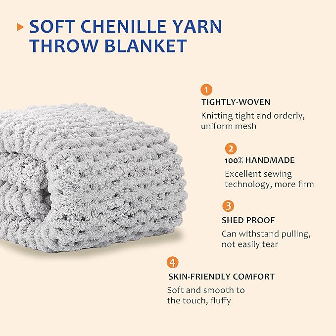 L'AGRATY Chunky Knit Blanket Throw: 80''x90'' Chenille Chunky Knitted Throw Blanket for Bed Couch - Handmade Thick Big Cable Knit Blankets - Large Crochet Rope Blankets for Home Decor(Grey)