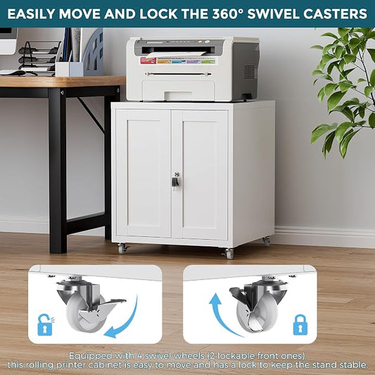 Large Printer Stand with Storage and Lock, 3D Heavy-Duty Printer Cabinet, Printer Table for Home Office with Doors and Adjustable Shelves, for Office Copier and Fax Machine, White